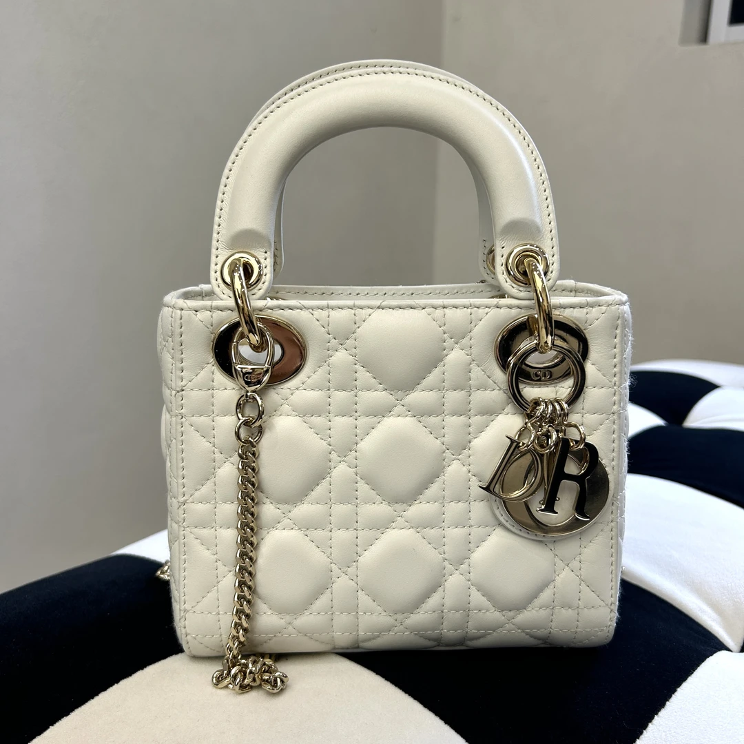 99新 DIOR/迪奥 lady dior 戴妃 三格 羊皮白金