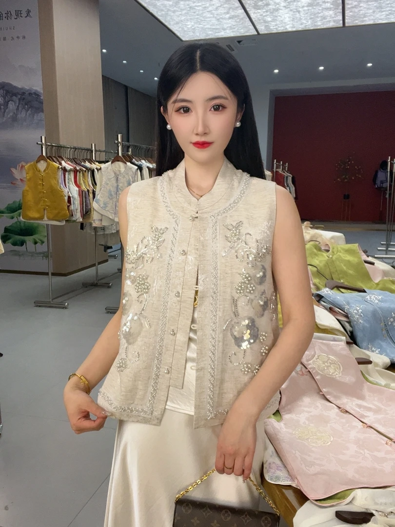 【素莺】2025新款春季马甲新中式宽松立领亮片绣花春秋上衣马夹女款