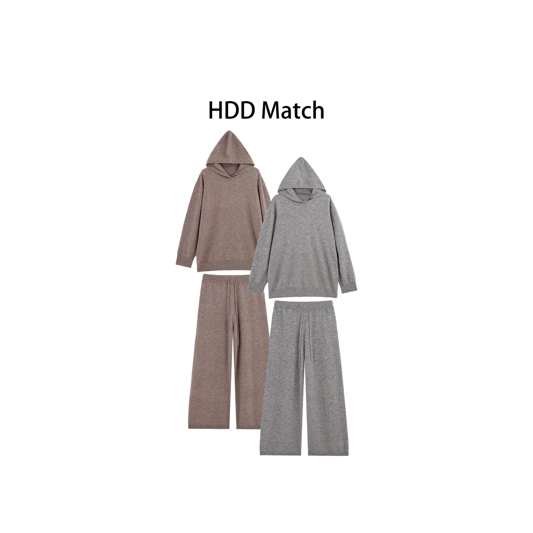 HDD- "休闲慵懒" 100%羊毛 秋冬女款连帽上衣+休闲裤套装 Y9084