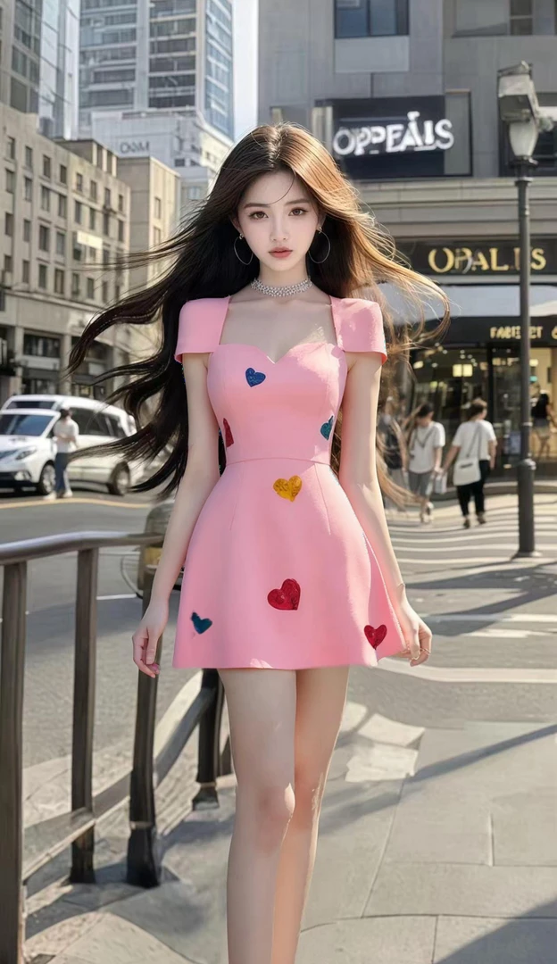 夏季新款温柔风粉色桃心领短袖收腰连衣裙名媛轻奢优雅高级氛围感