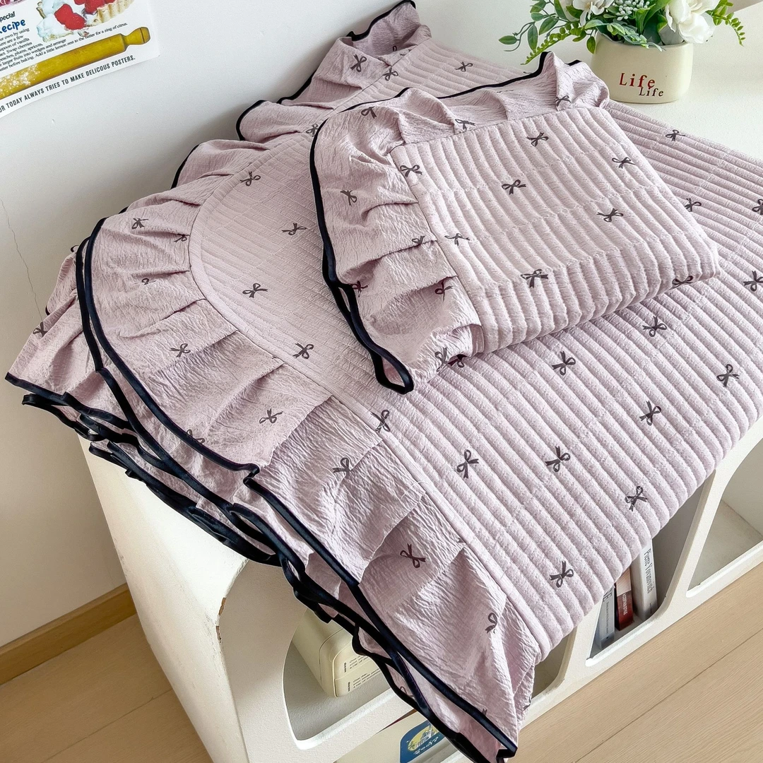 新款2025皱皱纱花边床盖夹棉加厚双层纱可水洗可机洗床盖三件套