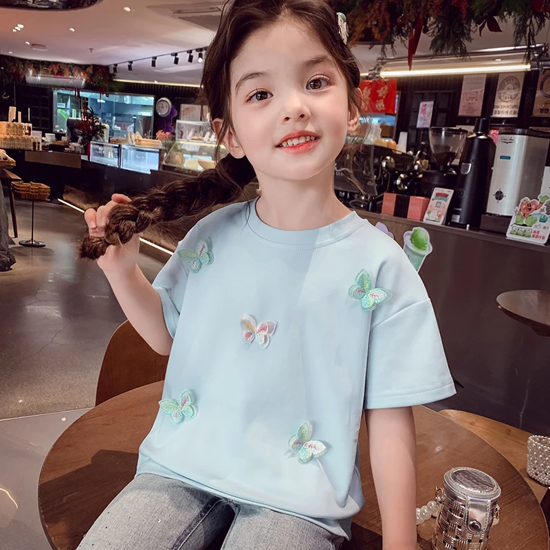 【现货】米米哈罗女童设计感立体蝴蝶短袖圆领上衣短袖T袖X25154
