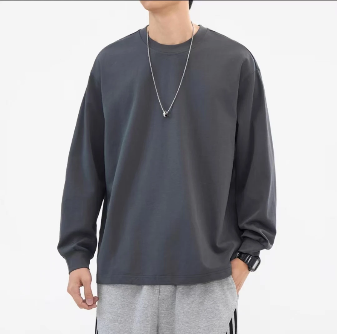 260克纯色长袖美式打底衫百搭圆领内搭春秋季情侣简约男装设计师