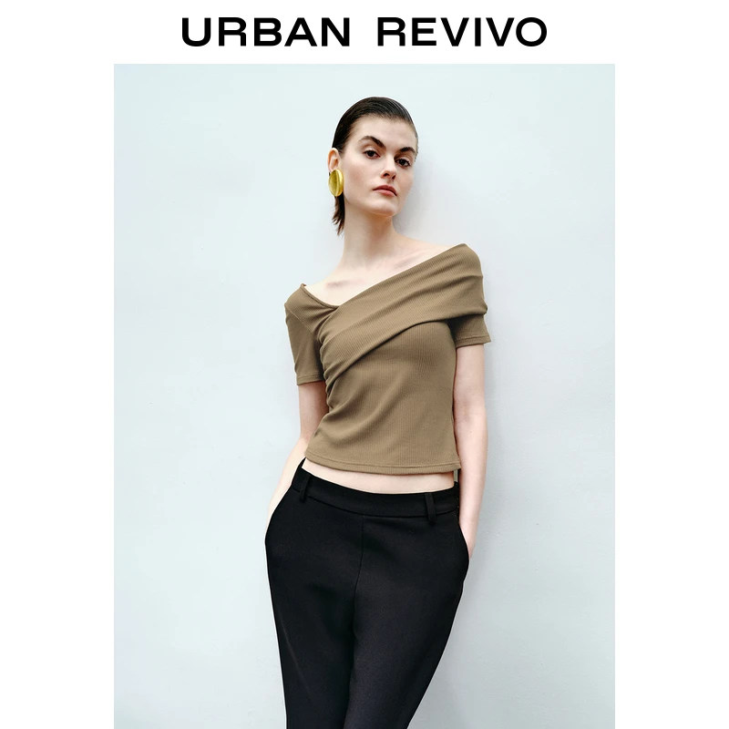 UR2025春季新款女装欧若风魅力氛围感斜肩领短袖T恤UWG450053