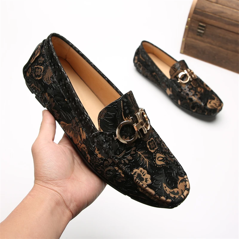 男士豆豆鞋鞋子时尚秋季新款真皮印花一脚蹬懒人皮鞋男潮休闲百搭