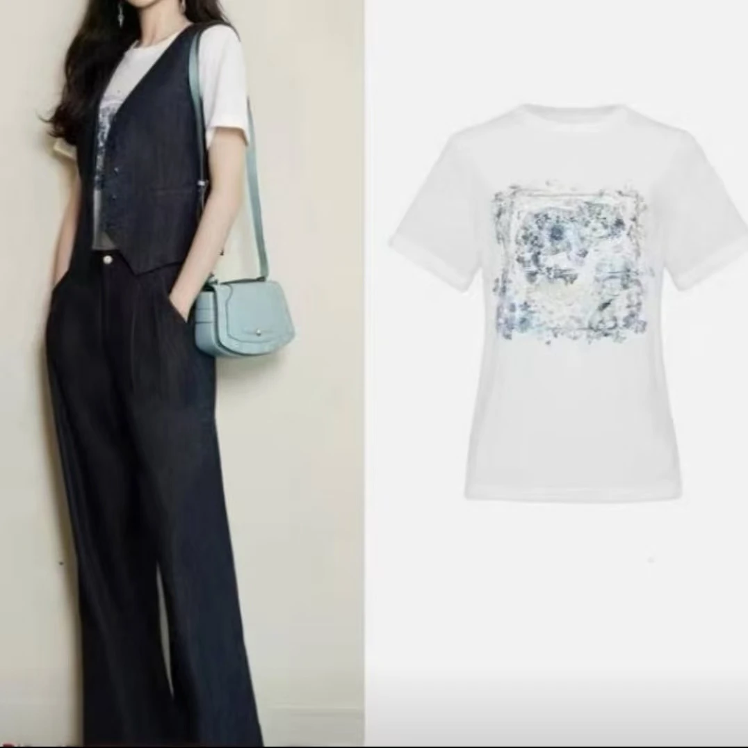 W-1343【雅】唐嫣同款 夏季正肩印花洋气减龄短袖T恤女