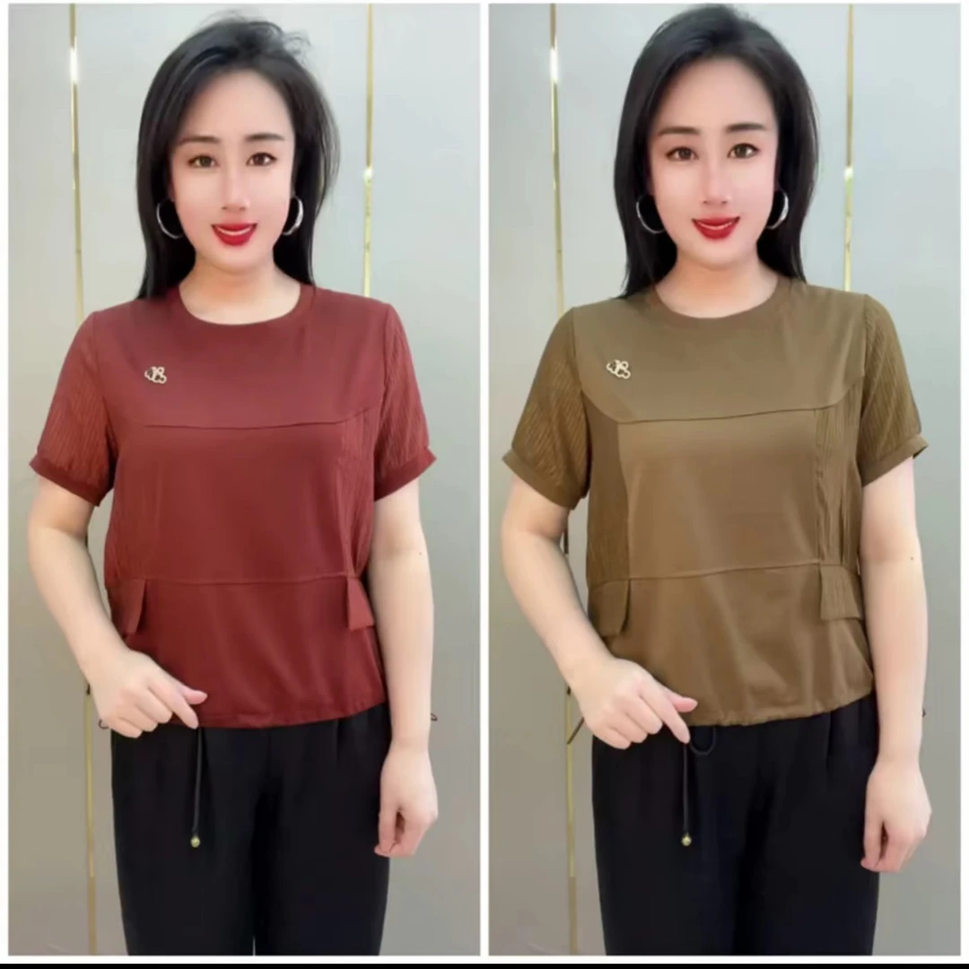 夏季洋气百搭减龄宽松显瘦圆领拼接中老年妈妈短袖上衣