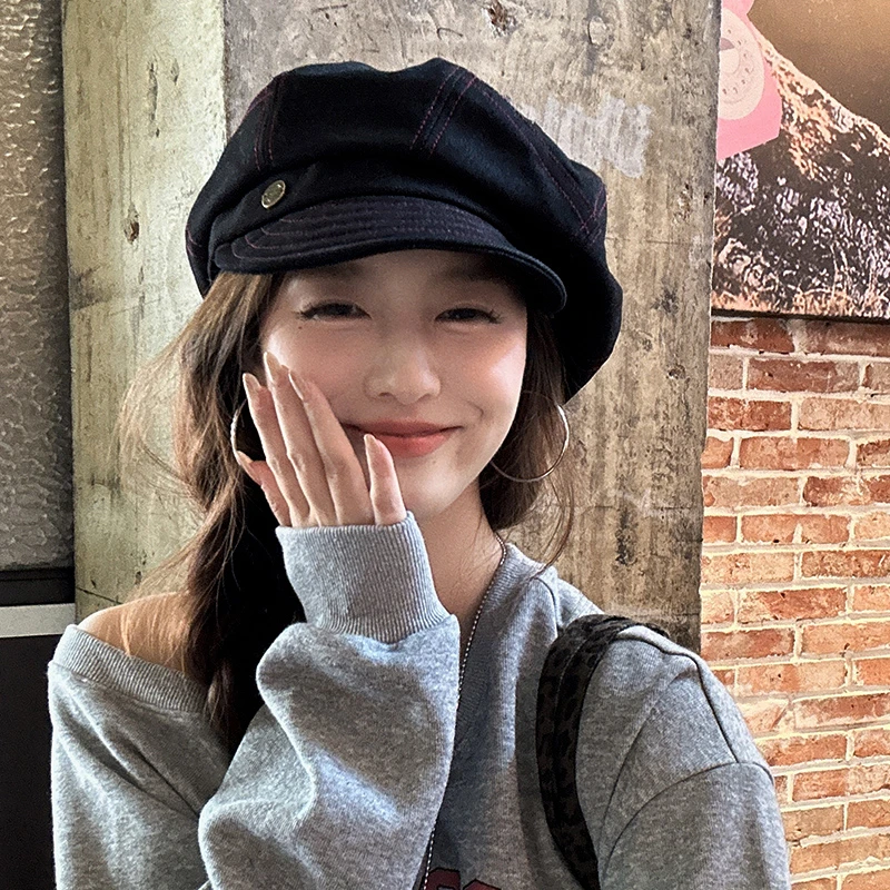 牛仔八角帽报童帽子女2025年新款贝雷帽百搭大头围显脸小画家帽秋