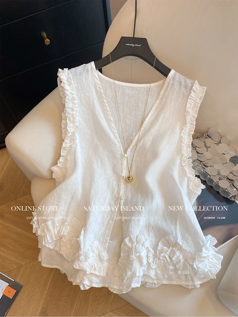 法式设计感褶皱木耳边拼接V领无袖衬衫女2025夏新款气质减龄上衣