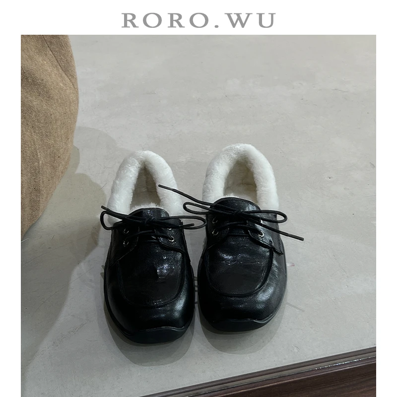 娆娆吴·头层羊皮法式复古加绒系带小皮鞋冬季新款浅口单鞋女B02