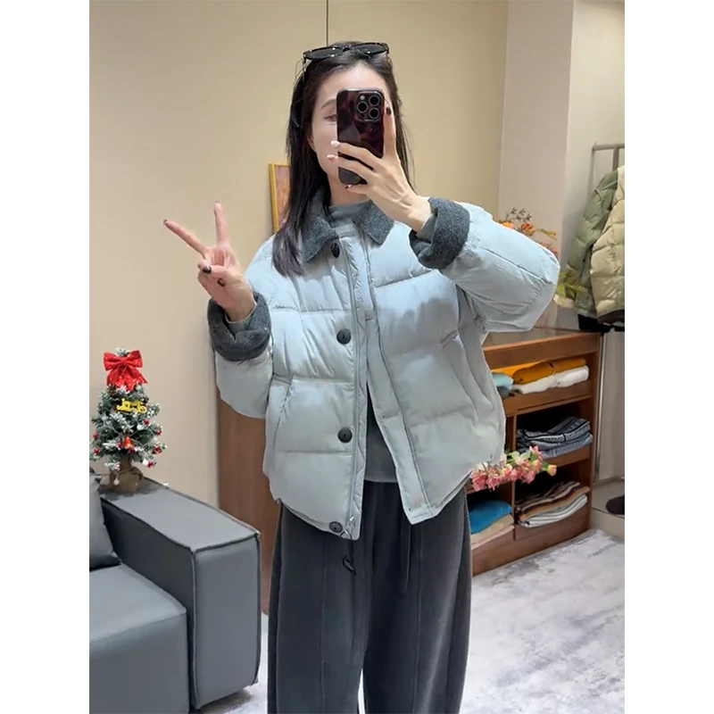 新款韩系翻领撞色加厚棉衣棉服女2025冬季休闲宽松显瘦百搭外套潮