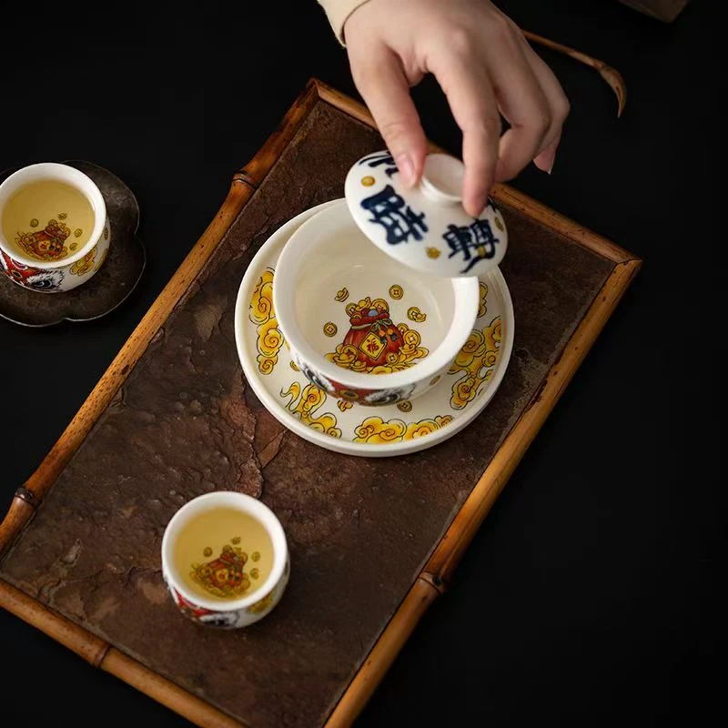 国潮醒狮时来运转一盖碗+两杯+一茶盘whs1602