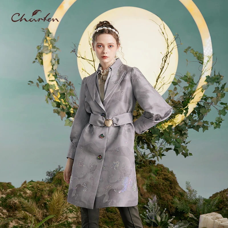 CHARFEN朝峰秋冬气质休闲印花中长款女士风衣CFD3B107-1090A