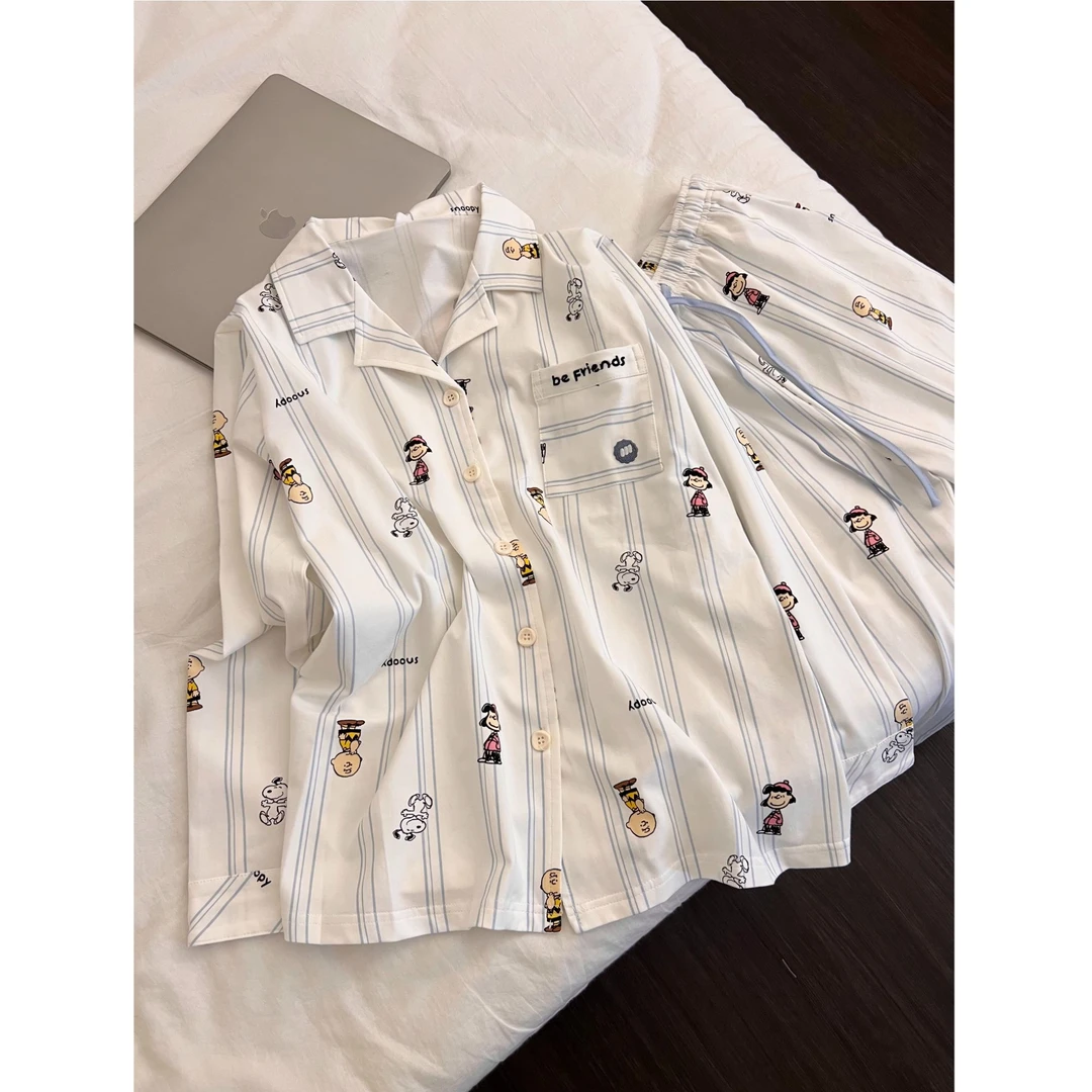 韩版可爱史努比卡通条纹睡衣女春秋新款长袖长裤大码居家套装外穿