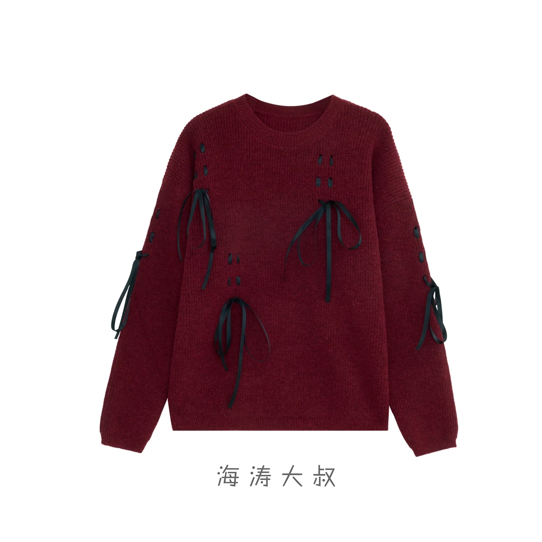 【海涛大叔】黑色丝带蝴蝶结圆领毛衣MJA547