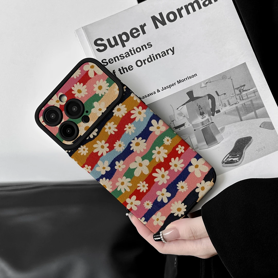 彩虹花朵适用苹果17pro手机壳iphone17新款16外壳X防摔翻毛皮硅胶