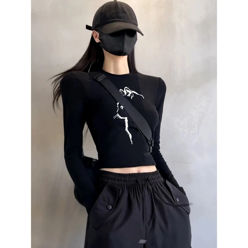 美式复古高街短款印花打底衫新款秋季打底衫女款爆款2025新款秋冬