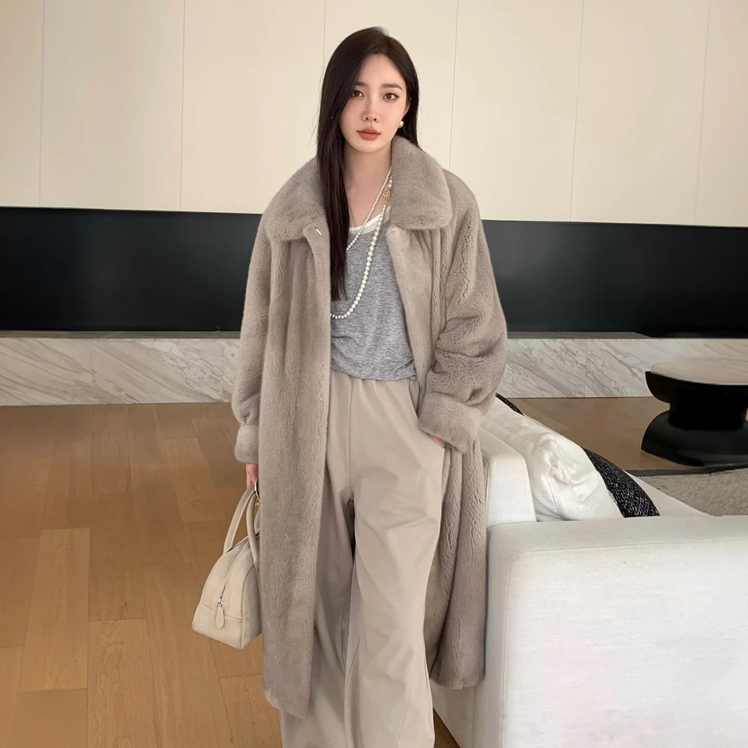 【培培】秋冬季新款海宁进口天鹅绒紫金短二超长款时尚洋气可立翻领