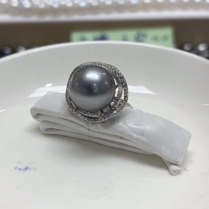 银S925镶嵌戒指海水珍珠大溪地13-14m 39号
