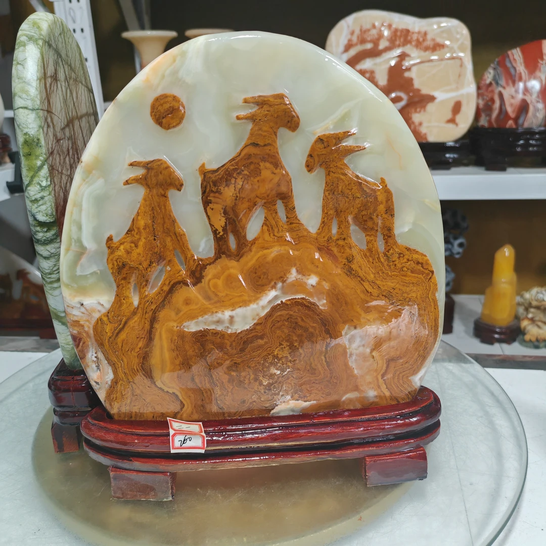 天然白冰玉雕刻三羊开泰奇石摆件家居摆件客厅办公室玄关奇石摆件