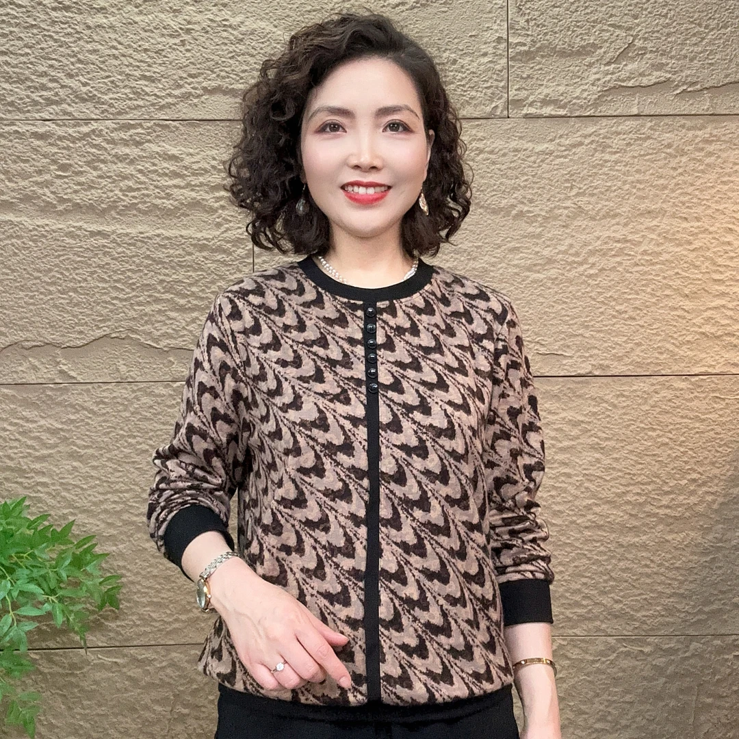 中老年妈妈装时尚宽松秋款气质流光风百搭休闲长袖女士圆领打底衫