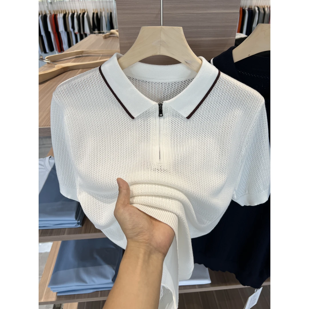 镂空冰丝半拉链polo衫男短袖修身白色针织衫男士2025新款夏季薄款