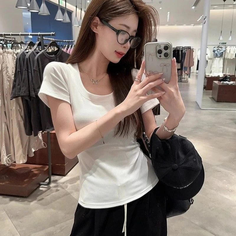 设计感小众正肩U领打底短袖T恤女夏季多巴胺辣妹修身显瘦百搭上衣