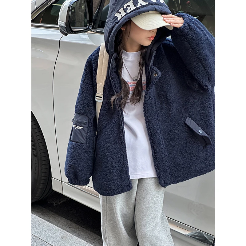 K25307毛毛衣女童连帽外套2025秋冬装儿童休闲上衣大童加绒加厚潮