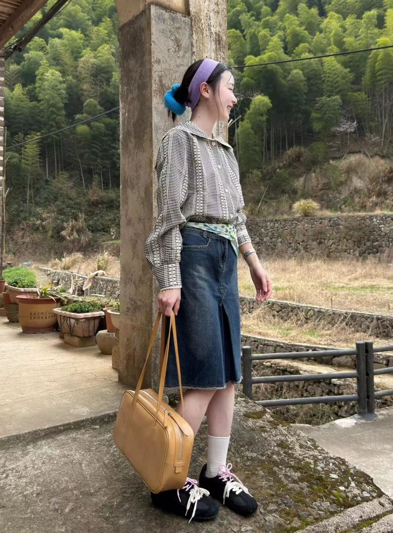 2025春季新款气质小个子高级感撞色海军领长袖衬衫高腰牛仔裙套装