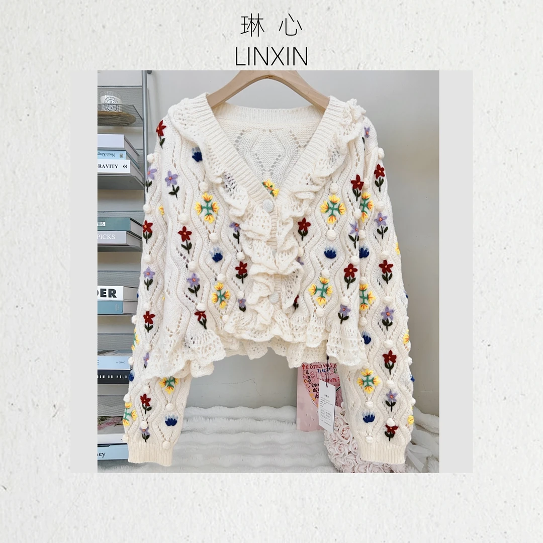 早秋时尚设计师提花宽松百搭秋季套头绣花针织衫 8938