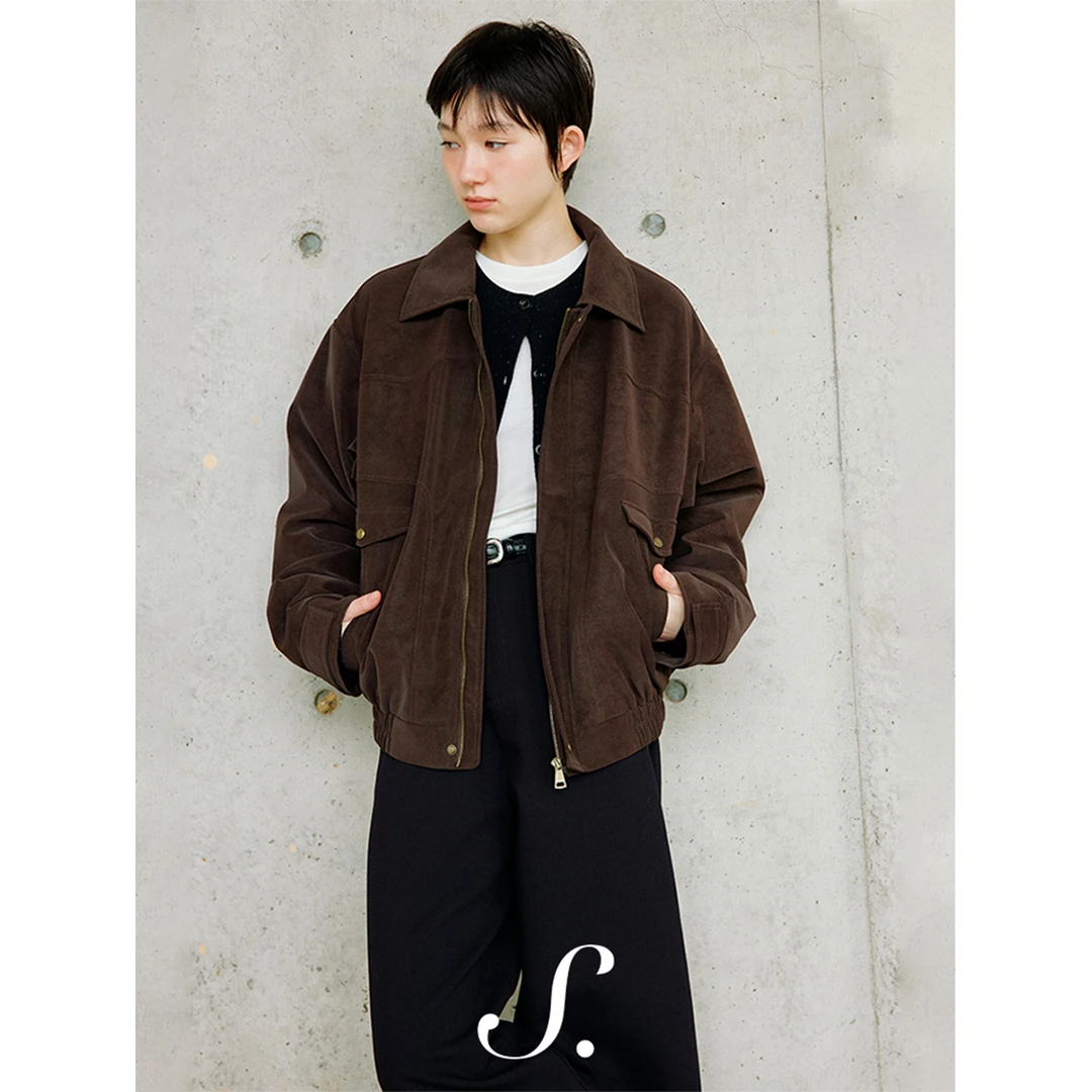 shyshy“杉木焦糖”环保麂皮绒金属扣短巧宽松分割夹克