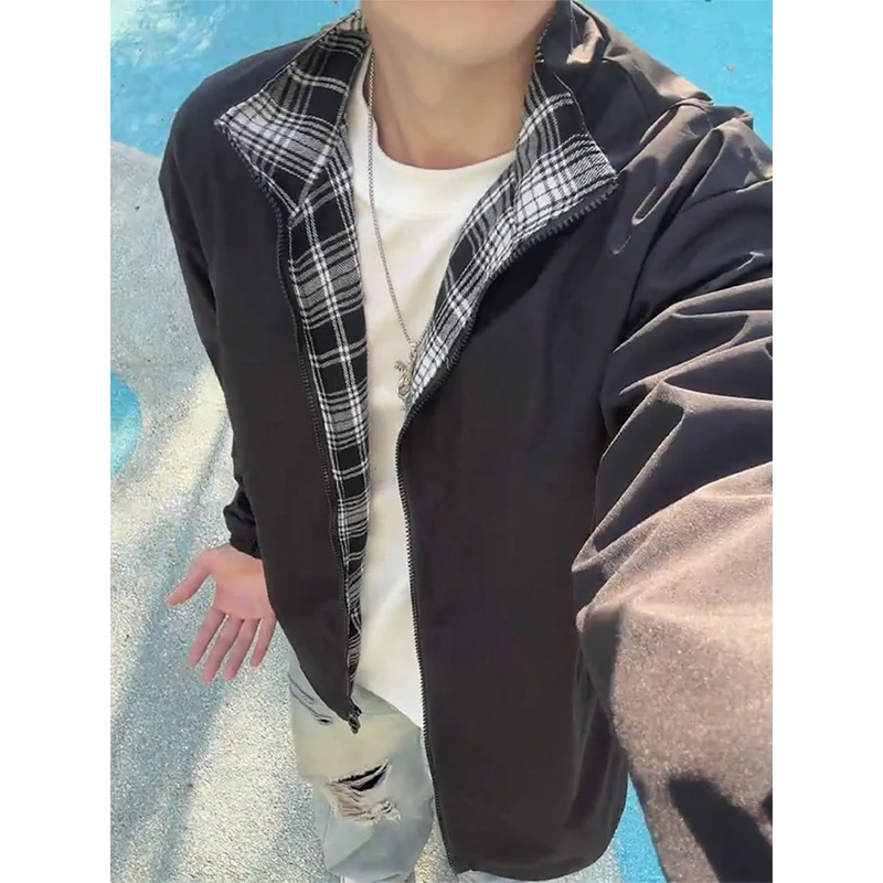 美式格纹拼接夹克外套男款秋季潮牌氛围感翻领宽松休闲情侣棒球服