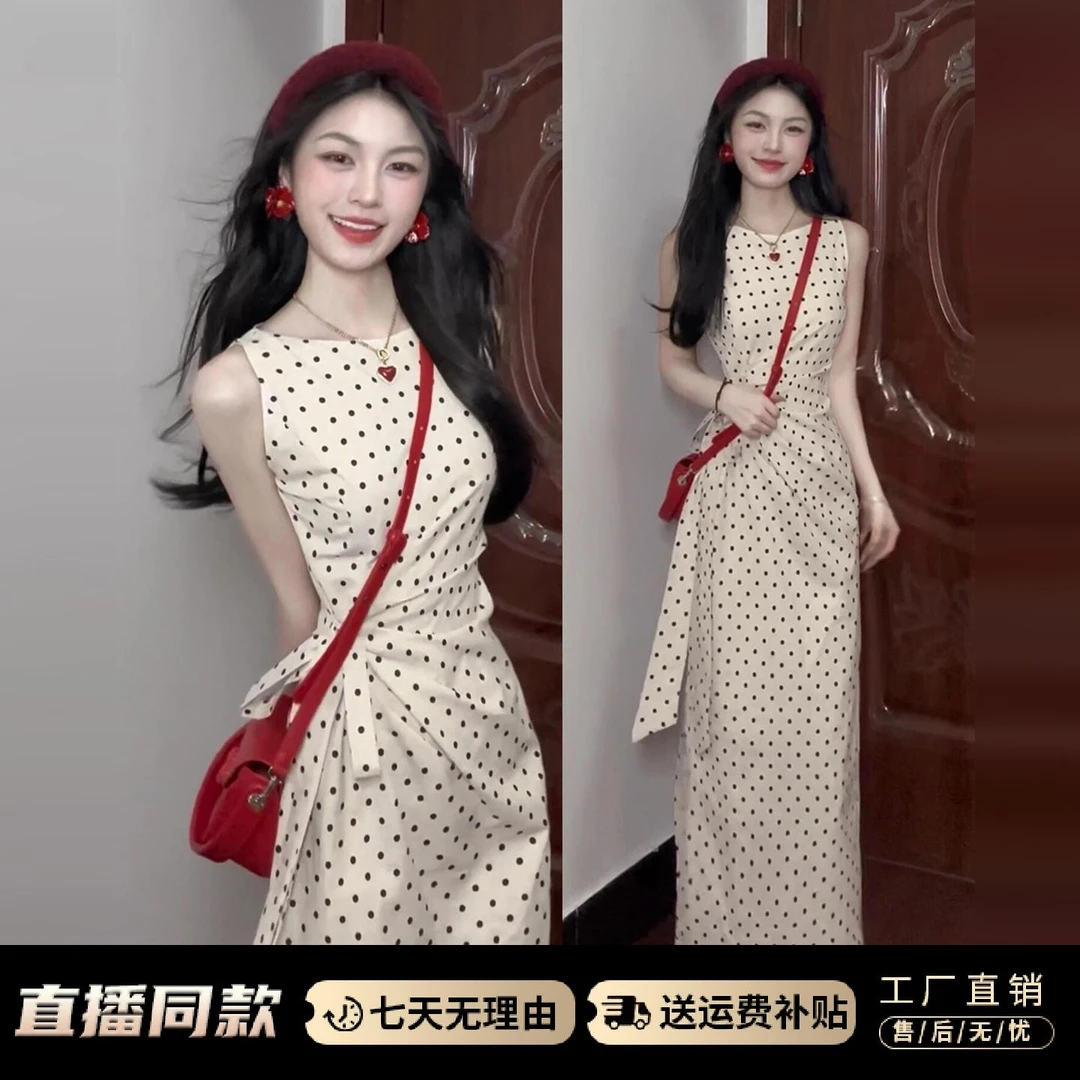 法式气质白色波点连衣裙子女夏季2026新款高级感绑带收腰显瘦长裙