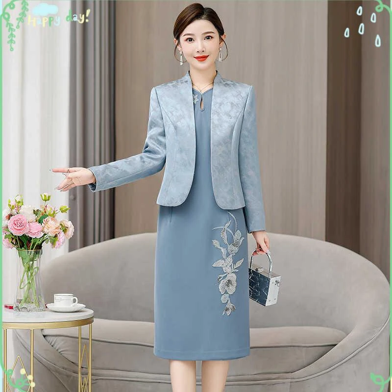 婚礼蓝色旗袍礼裙修身日常可穿年轻妈妈结婚宴会礼服喜婆婆婚宴装