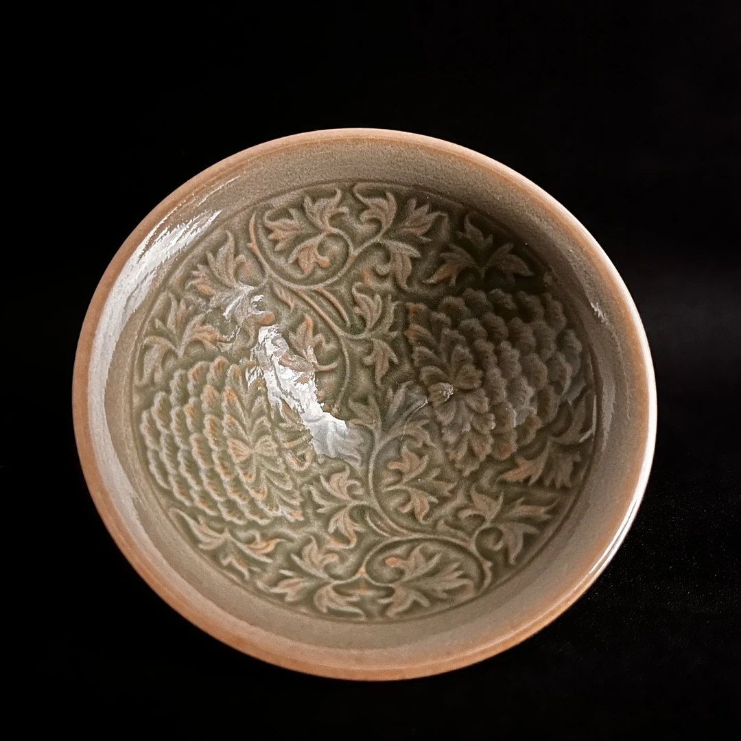 耀州窑瓷杯 对称塔牡丹纹饰斗笠杯 耀州瓷