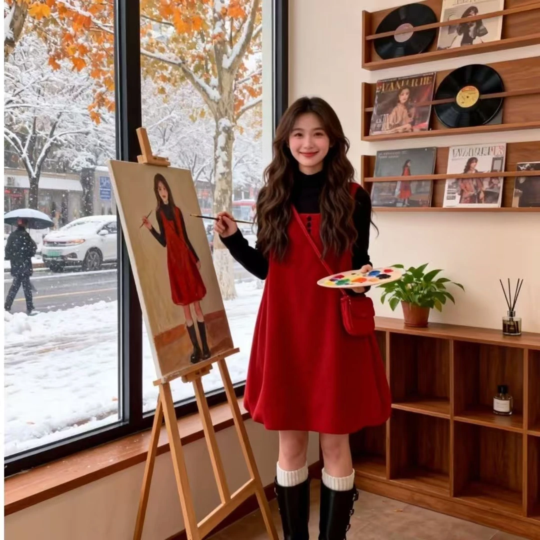 圣诞款加厚毛呢背心裙内搭两件套休闲气质减龄少女花苞裙