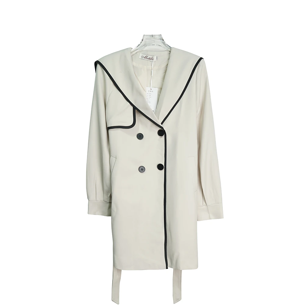 X0148时尚米白色海军领收腰显瘦学院风百搭外套