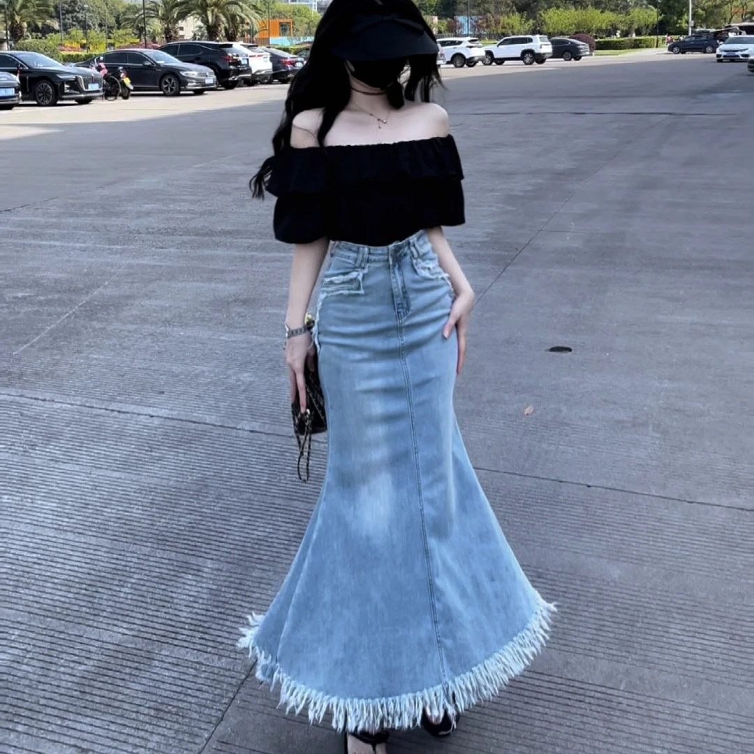 洋气小蛮腰流苏牛仔裙套装