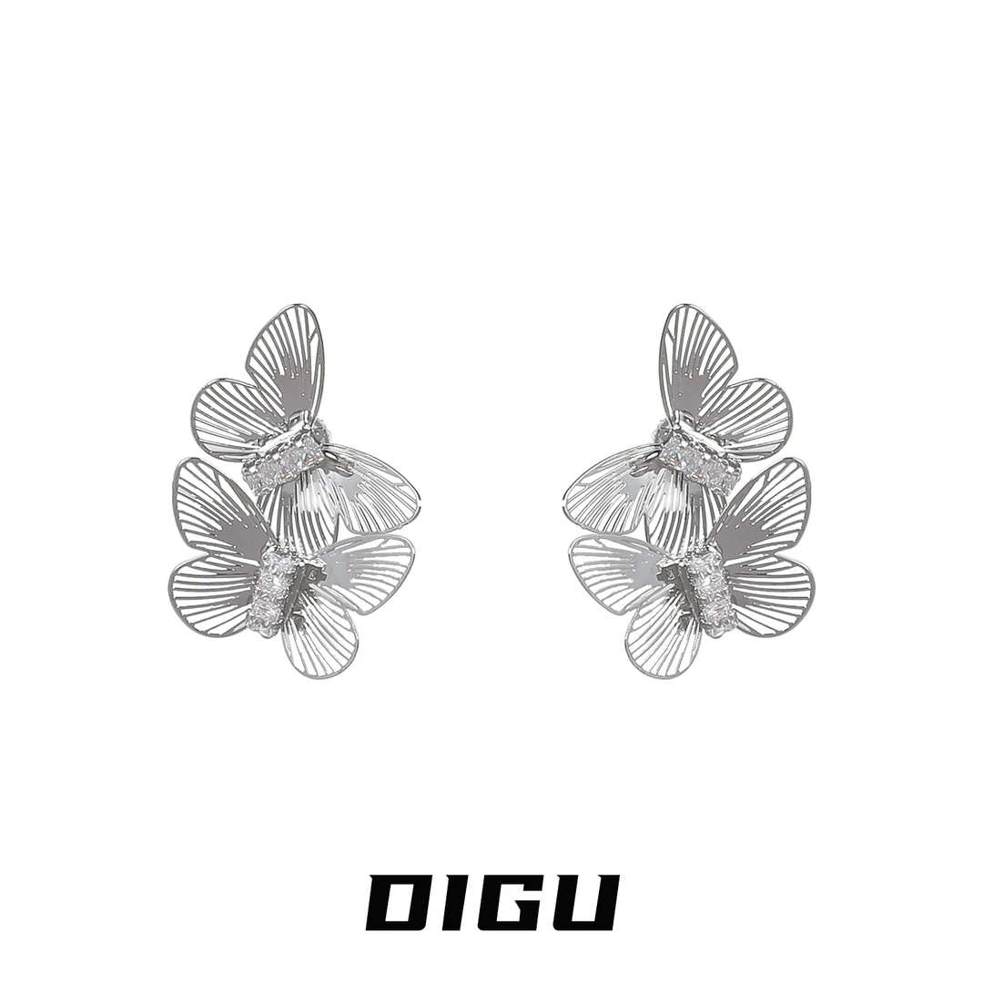 嘀咕家 铜合金合成锆石耳饰 精致镶钻镂空蝴蝶耳环女气质耳钉耳饰