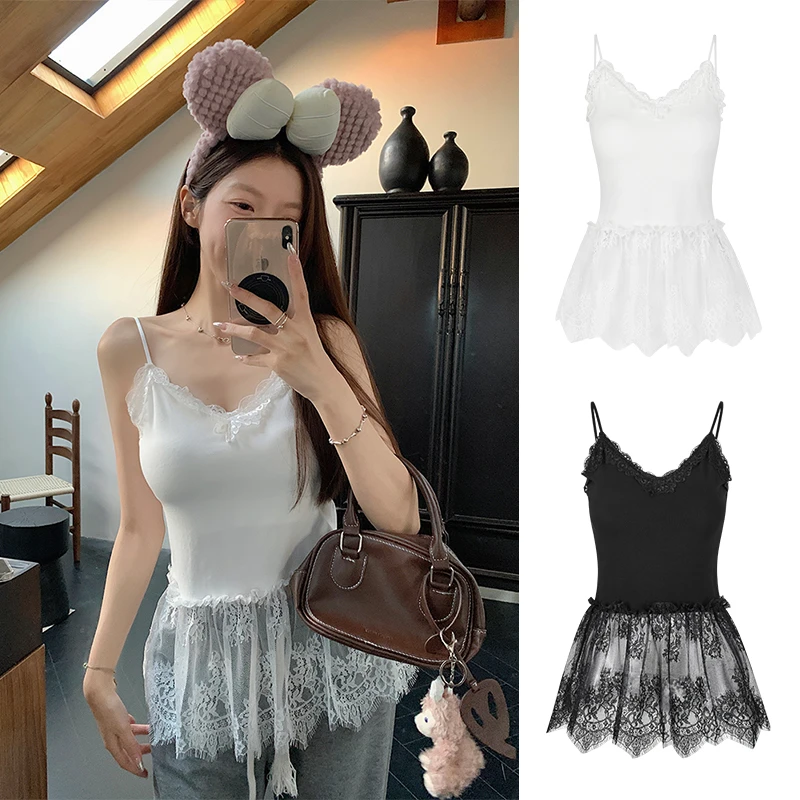 Moses Queen/魔西女王蕾丝拼接吊带上衣修身甜辣叠穿内搭打底衫