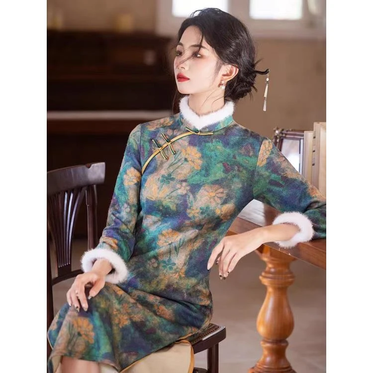 恬子梦 T603 冬季新款 茉莉 裙长120 加厚长袖旗袍