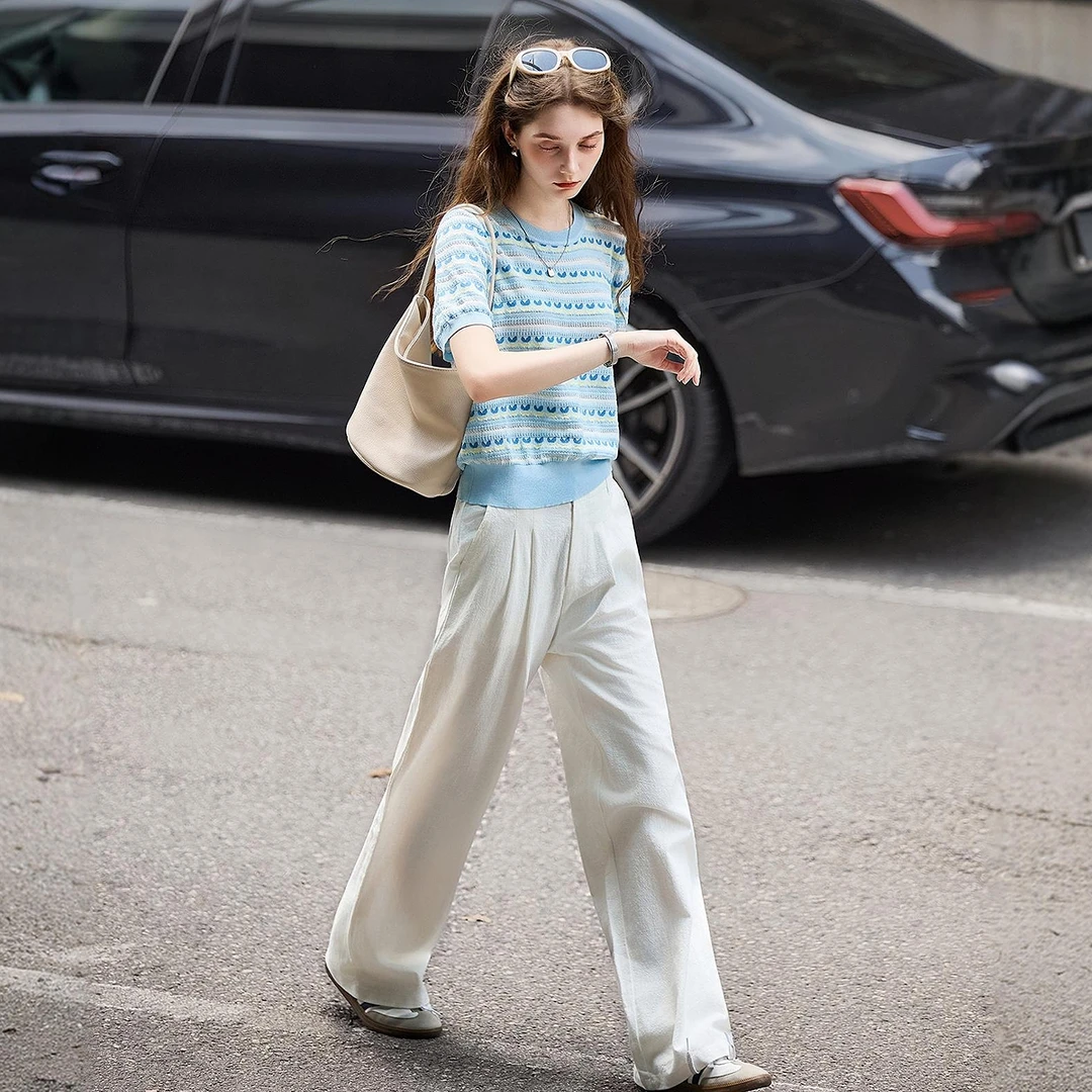 TONLION唐狮夏女圆领条纹短袖毛线衫百搭小清新时尚韩系针织T恤潮