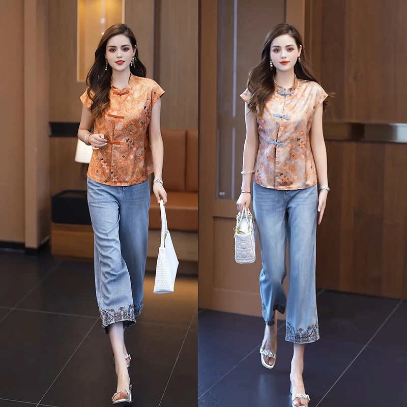 2025夏季新中式盘扣提花遮肉显瘦韩版时尚设计感气质复古上衣女