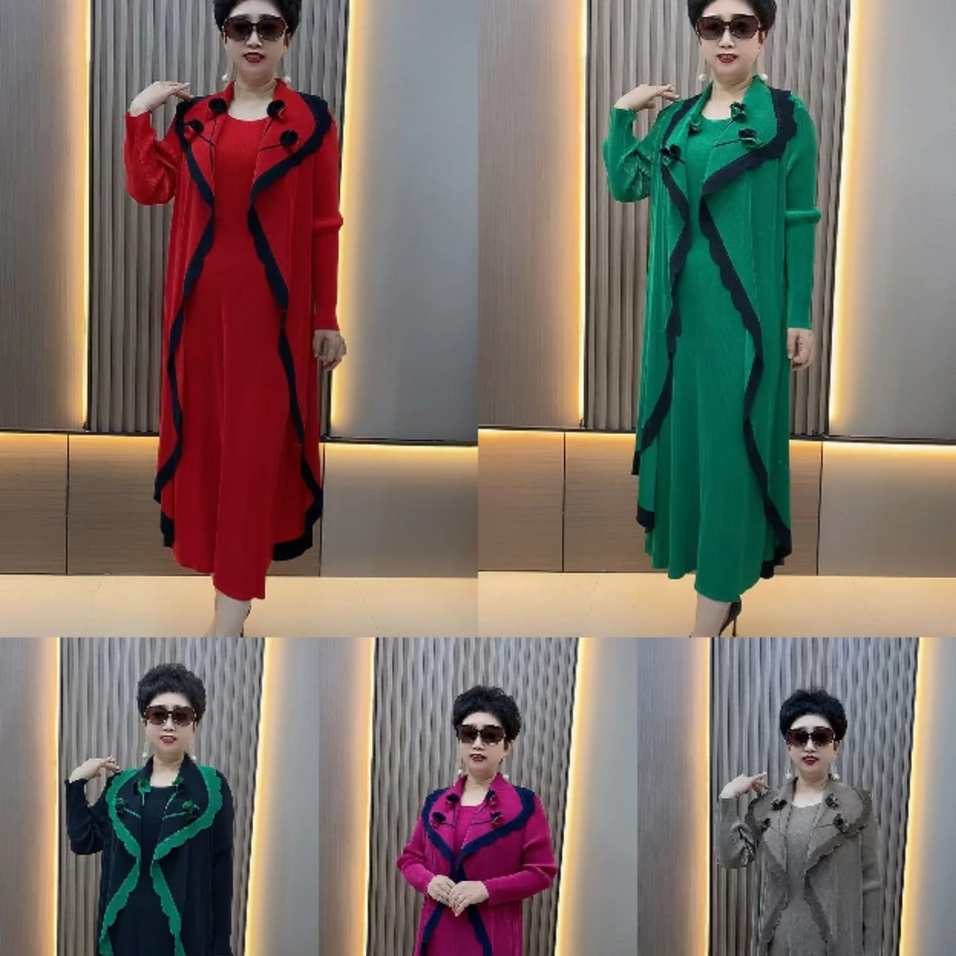 6660波浪贴花领褶皱气质过膝连衣裙，裙长118左右