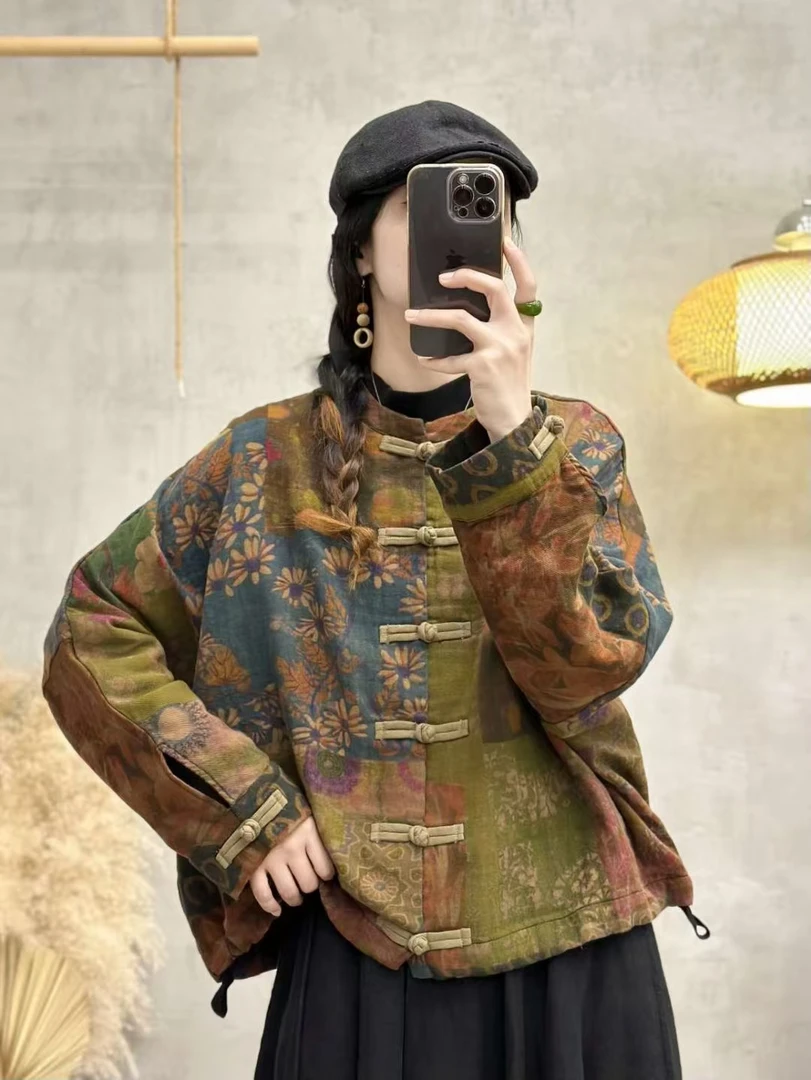 女做旧印花拼接民族风秋季短外套提花双面新中式