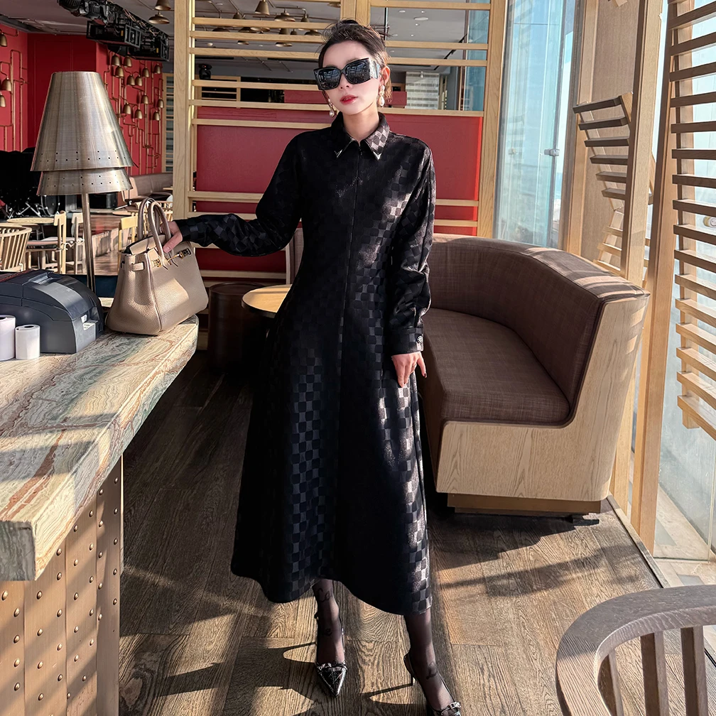 【琉璃光】棋盘格子裙女时尚简约百搭连衣裙中长款收腰显瘦长袖