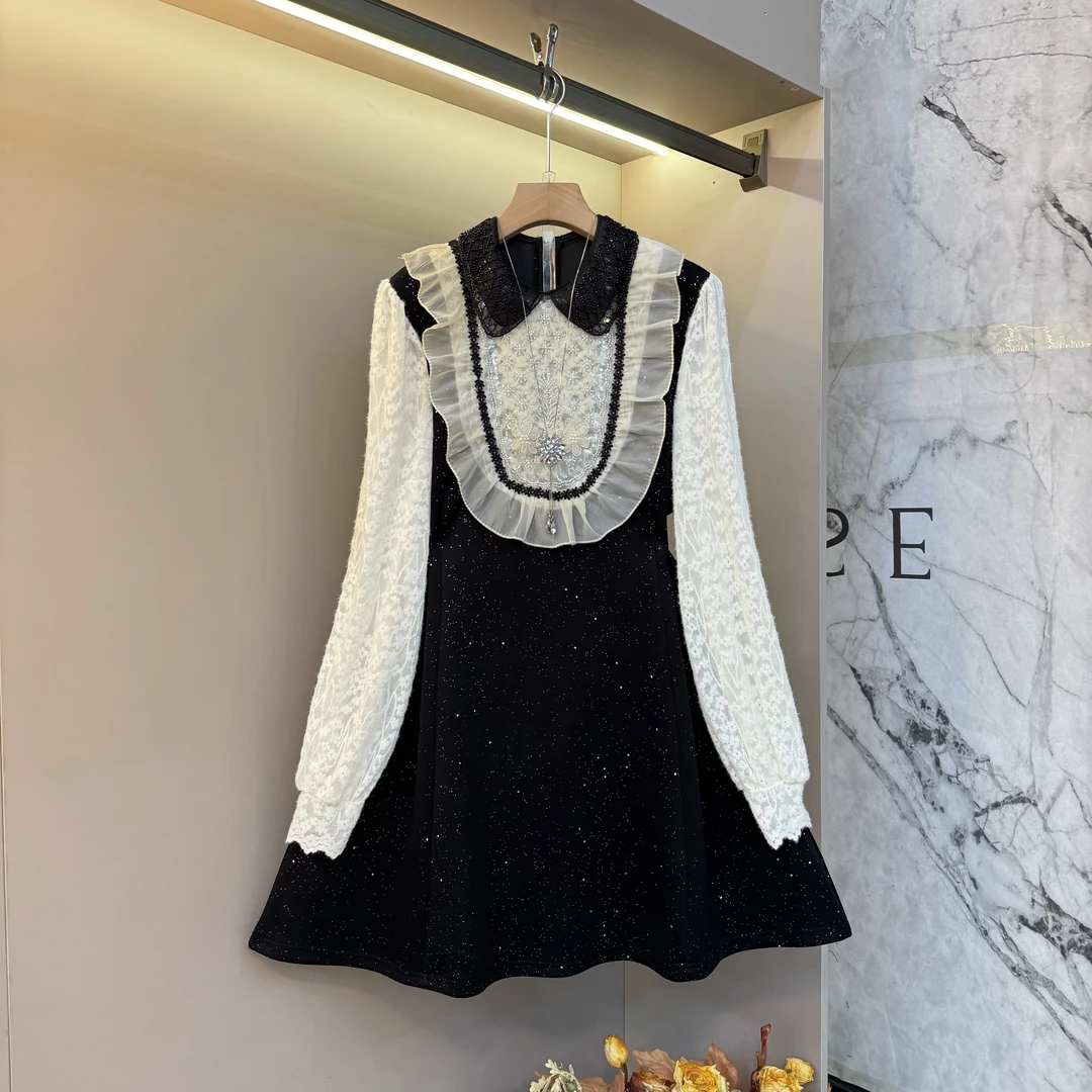 2025上新蕾丝气质撒星设计洋气名媛风法式胖mm显瘦连衣裙26887