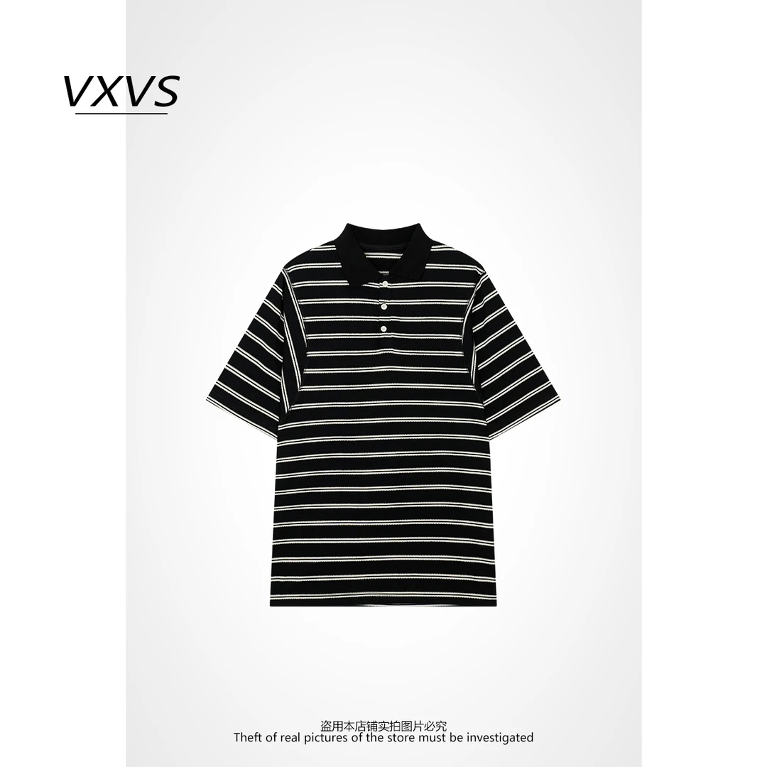 VXVS 【几何拼接】百搭休闲宽松复古条纹polo衫T恤 11073