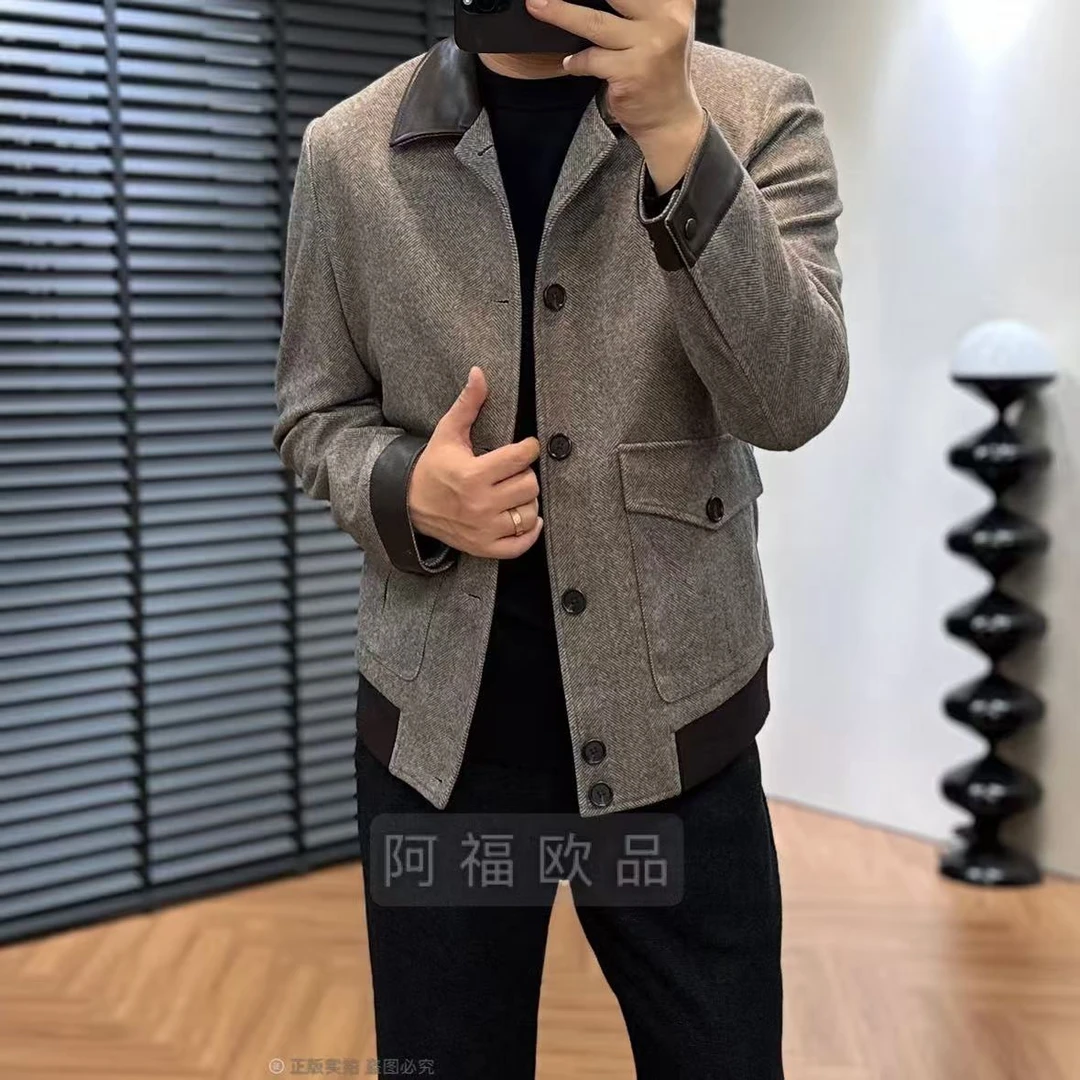 【阿福欧品】男士顶奢人字格配皮老钱风夹克