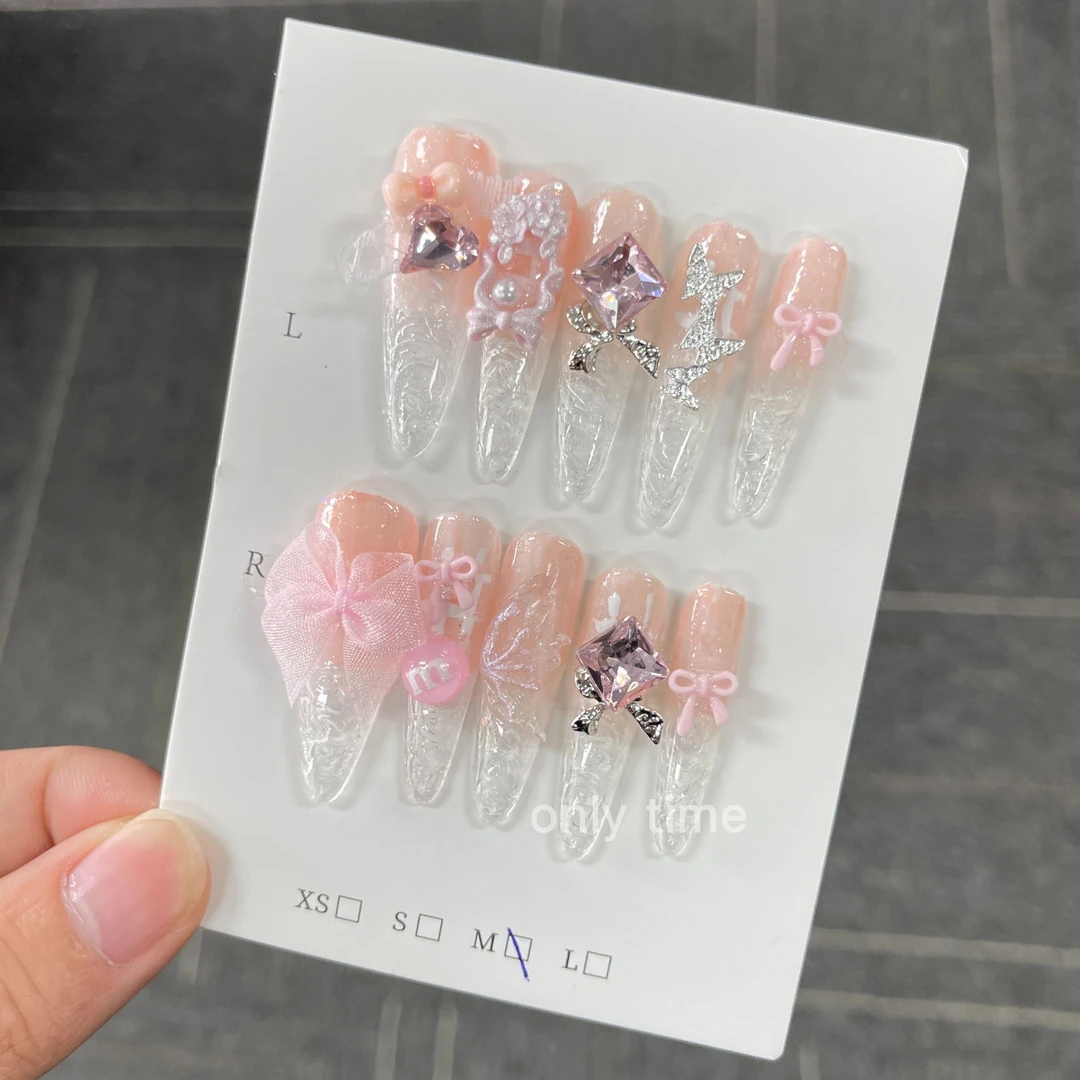 【粉蝶之梦】粉色少女心甜美蝴蝶结穿戴甲闪钻温柔显白美甲